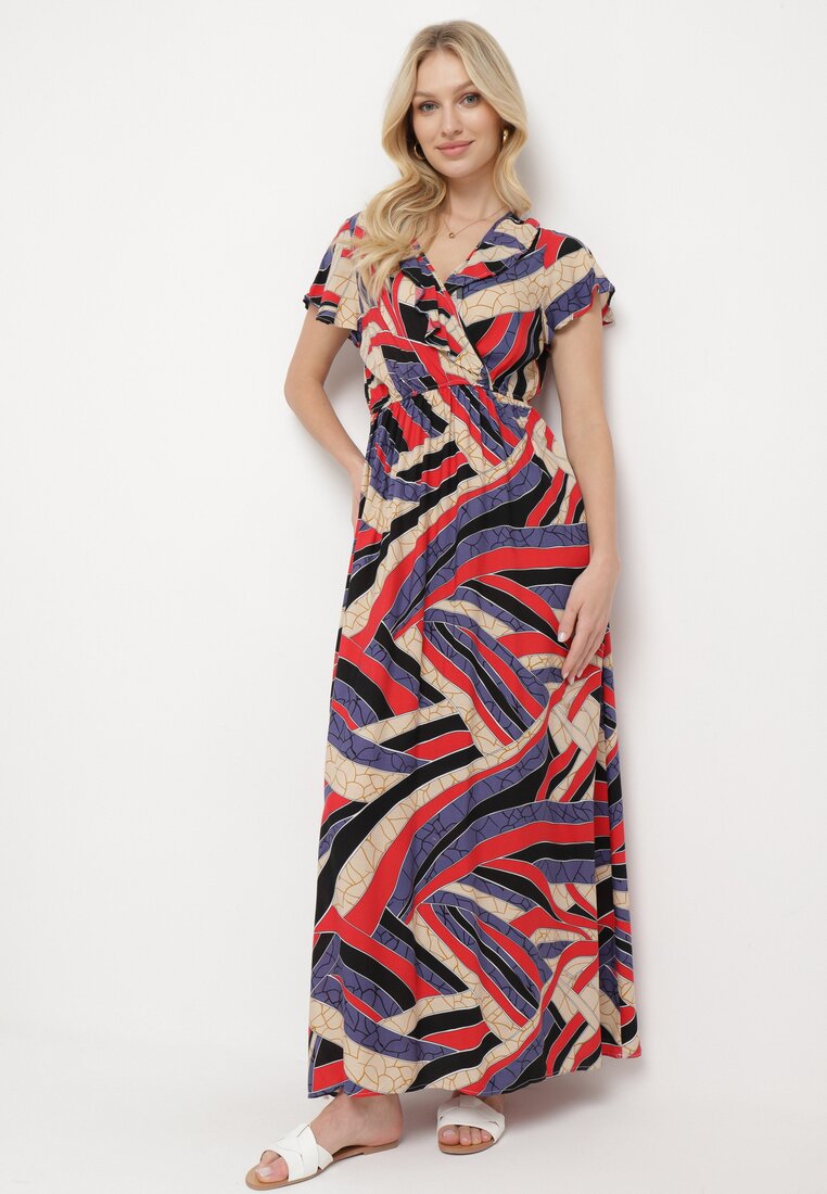 Rochie Roșu-bej din viscoză cu elastic în talie și decolteu petrecut Kaliona