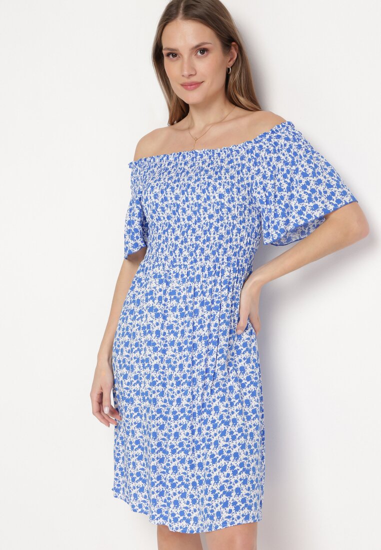 Rochie Albastră Mini din viscoză cu Decolteu Spagnol cu Imprimeu Floral Ijorilda