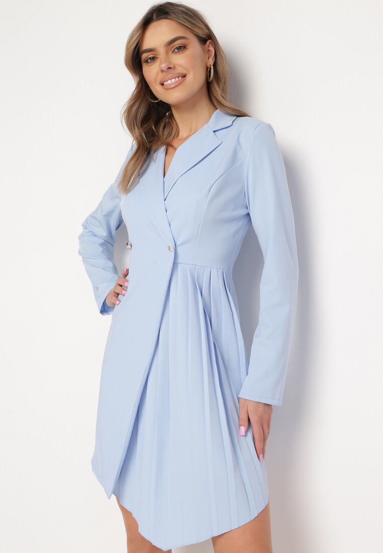 Rochie albastră deschisă evazată mini cu decolteu petrecut și pliuri la bază Lontasa