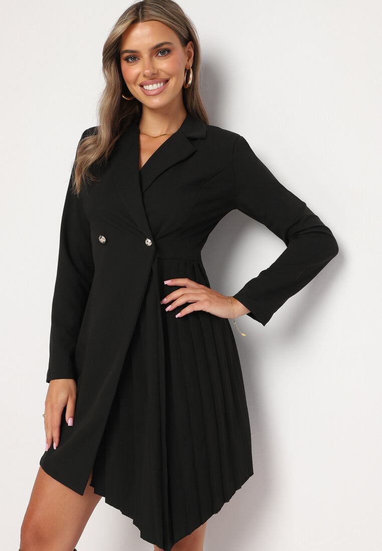 Rochie Cloș Mini Neagră cu top petrecut și pliuri la bază Lontasa