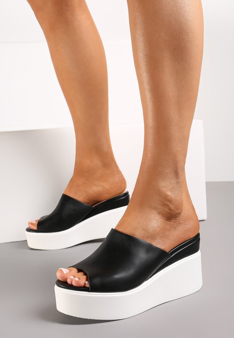 Papuci Negri pe Pană și Platformă din Piele Ecologică Netedă Navrume