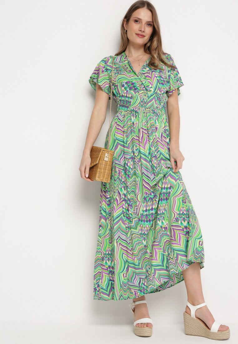 Rochie Verde Maxi din Viscoză cu Elastic în Talie în Stil Etno Daliora