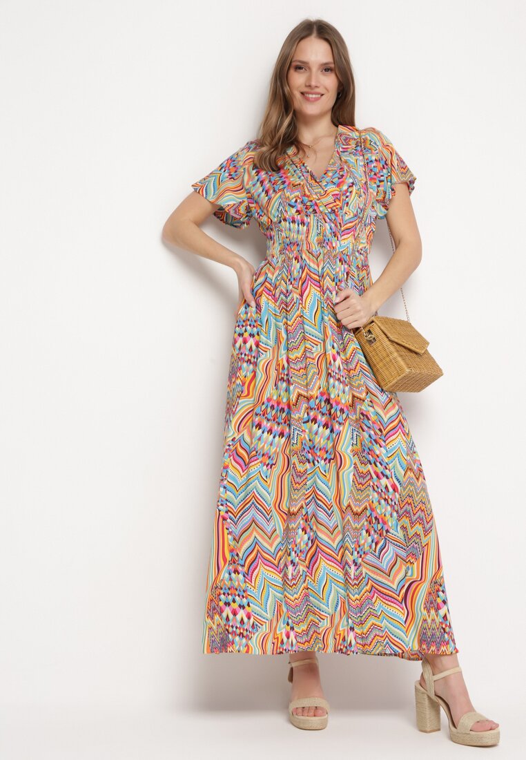 Rochie Portocalie Maxi din Viscoză cu Elastic în Talie în Stil Etnic Daliora