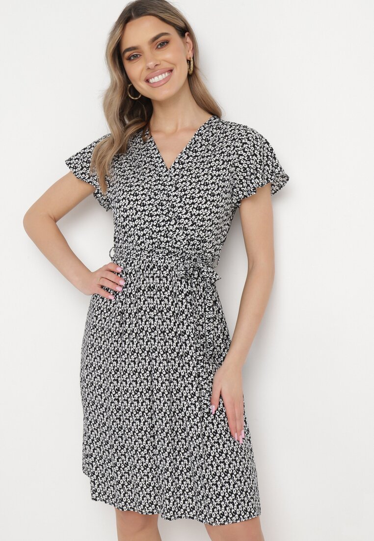 Rochie Neagră cu decolteu petrecut, cu cordon și elastic în talie din viscoză Canbra