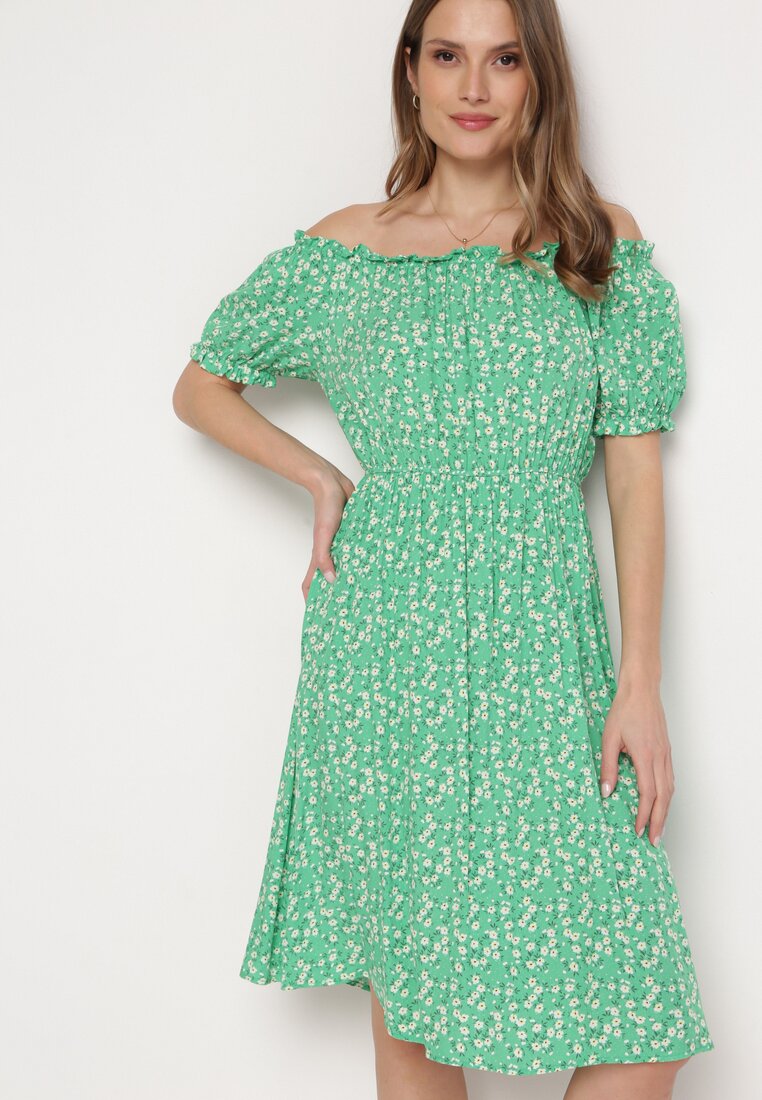 Rochie Verde Midi din Viscoză tip Spaniolă cu Imprimeu Floral Oserafia