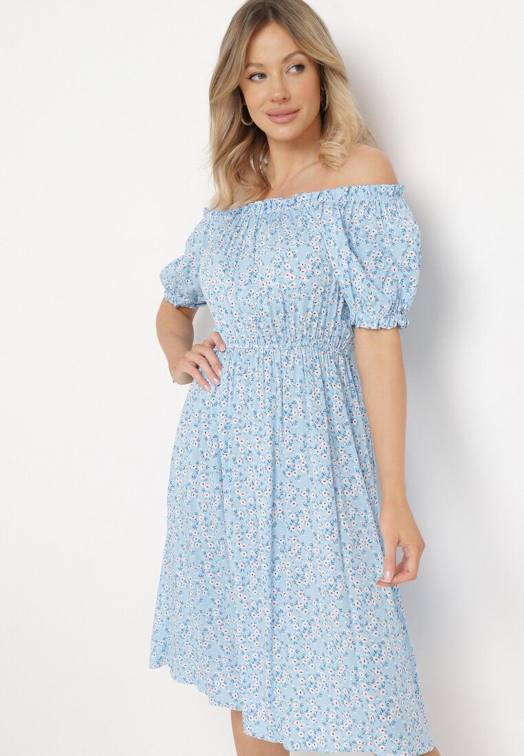 Rochie Albastră Midi din Viscoză cu umerii goi cu Imprimeu floral Oserafia