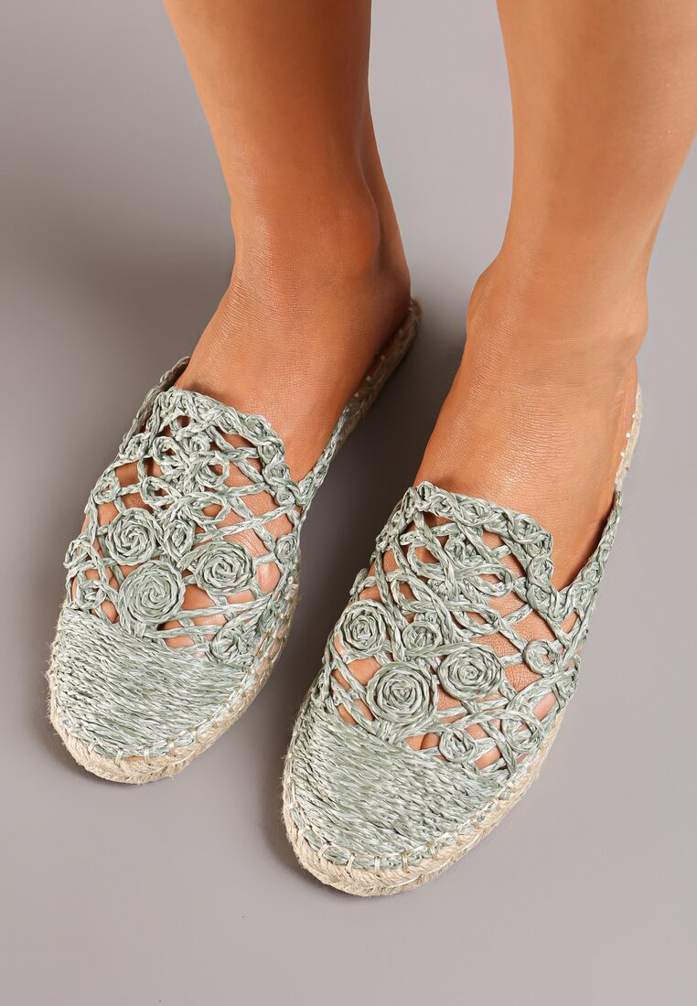 Papuci Mule Împletite Verzi cu Talpă Plată din Iută Egabria