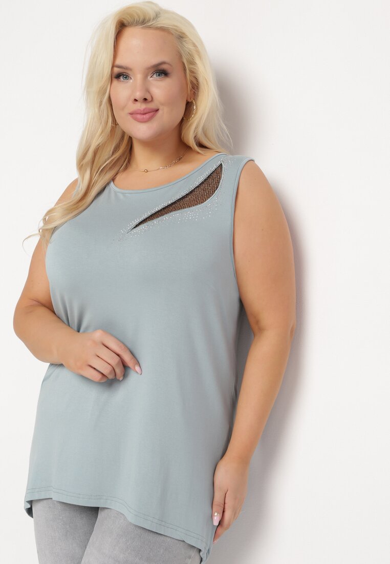 Bluză Mentă din Bumbac cu bretele, cu Plasă și Zirconii Blettia