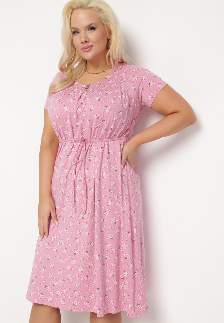 Rochie Roz Dreaptă Midi cu Decolteu și Nasturi Grilacuna