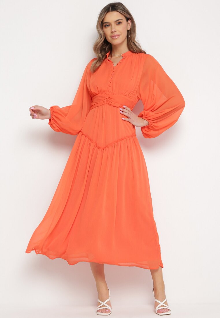Rochie lungă portocalie de cocktail în stil Retro cu pliuri și guler înalt Leowia