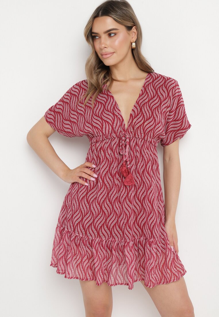 Rochie roșie Mini cu croi liliac cu decolteu în V cu șnururi Ainella