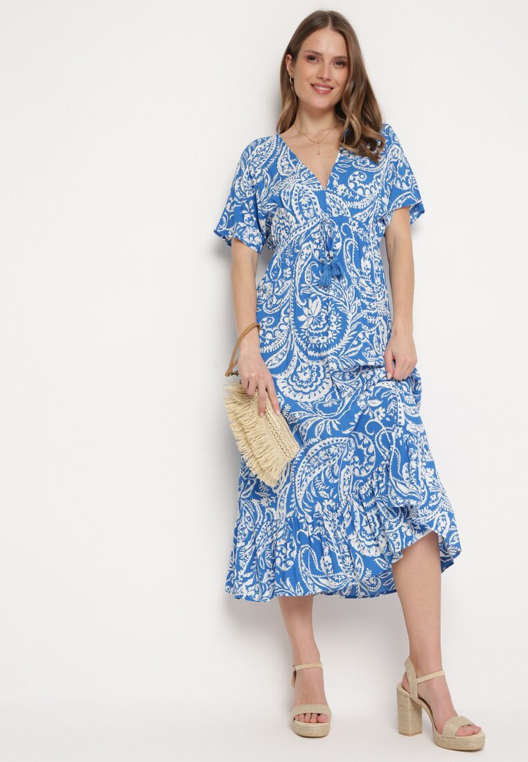 Rochie Albastră în stil Boho cu elastic în talie și ciucuri Wornima