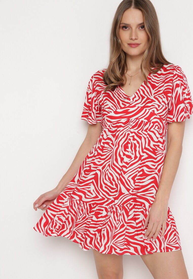 Rochie Mini Roșu-Bej din viscoză cu dungi abstracte Ethikala