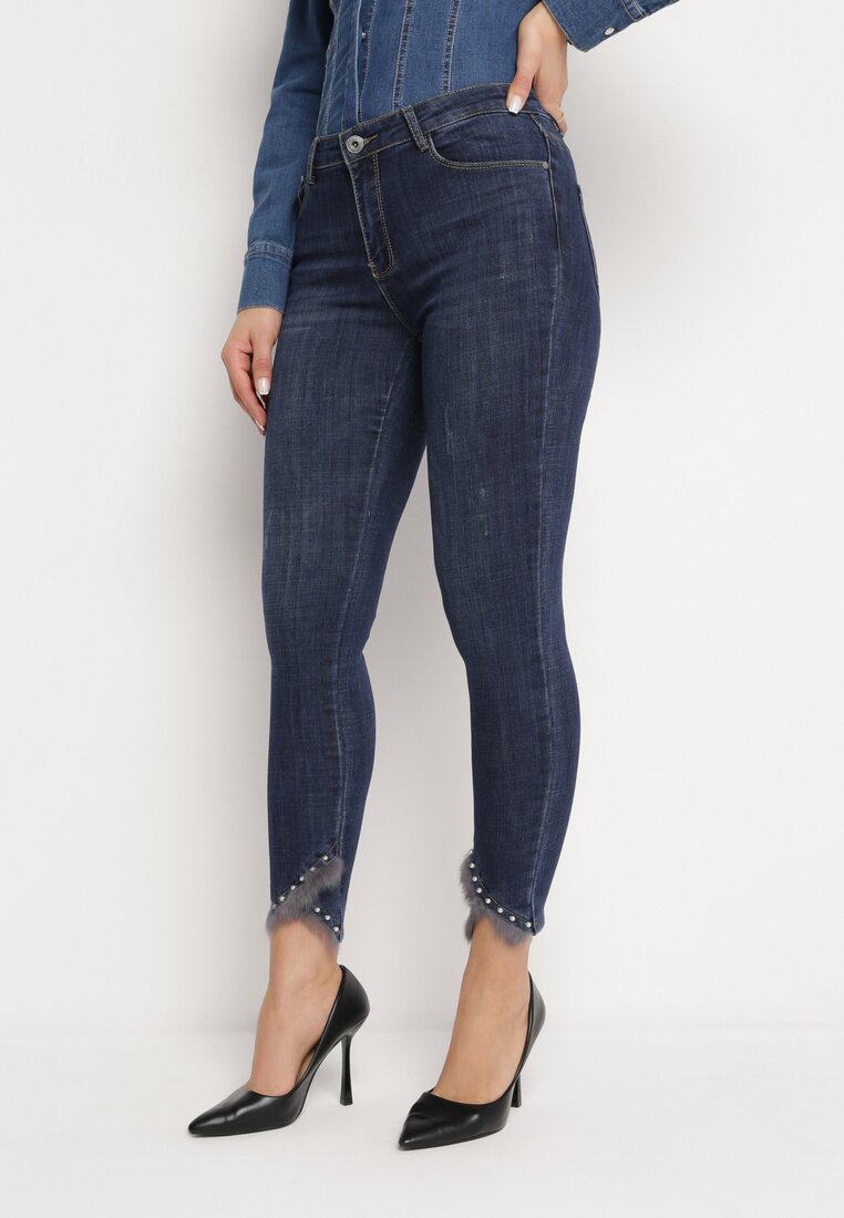 Blugi bleumarin Skinny Decorați cu blăniță și perle Onuset