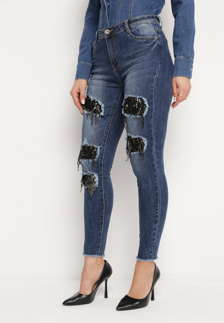 Blugi Bleumarin Skinny cu găuri decorate cu zirconii Neeron