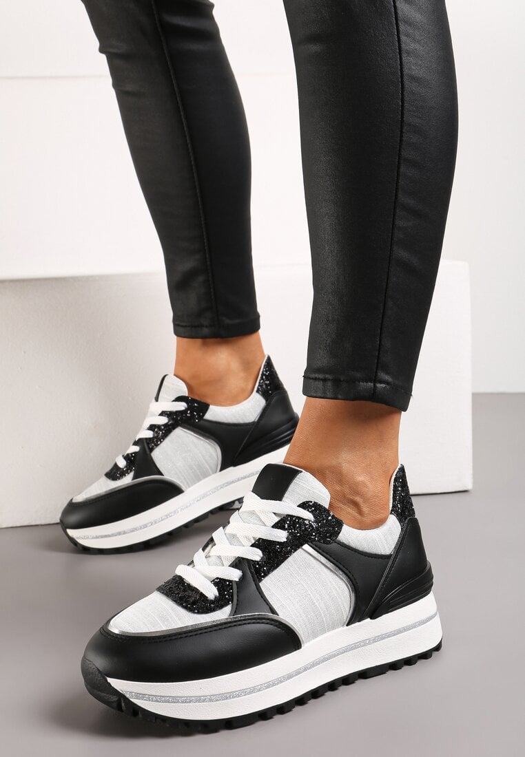 Adidași Negru-Alb pe Talpă Groasă Decorați cu Sclipici Niretha