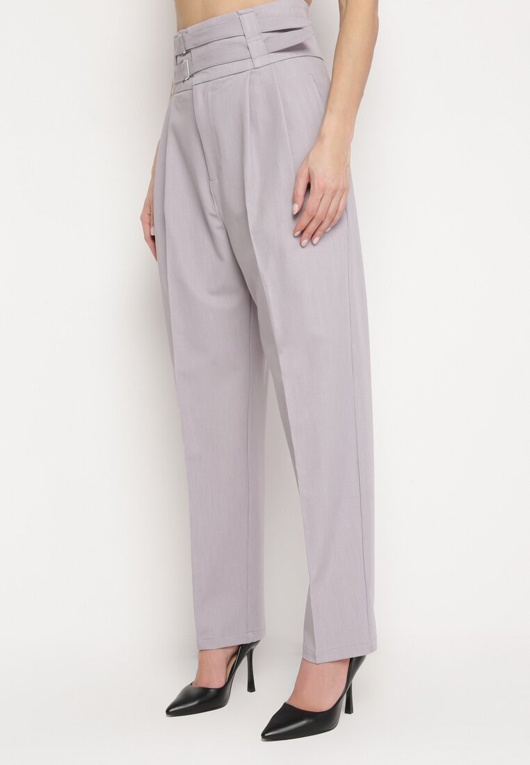 Pantaloni Gri de costum cu talie înaltă și două dungi Ameda