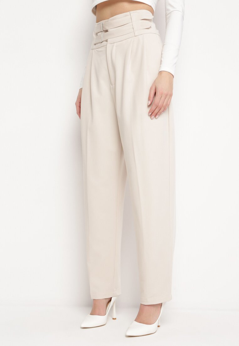 Pantaloni Bej de costum cu talie înaltă și două benzi Ameda