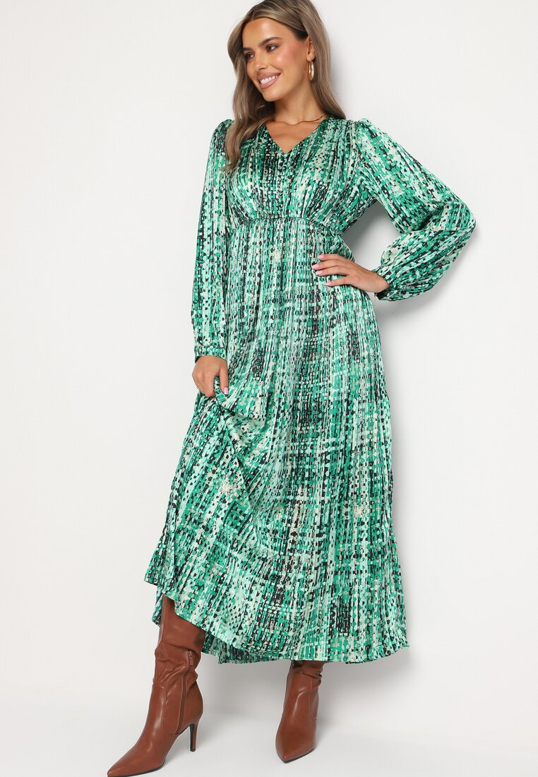 Rochie Verde Maxi cu elastic în talie și cu tiv plisat cu model tweed Viostana