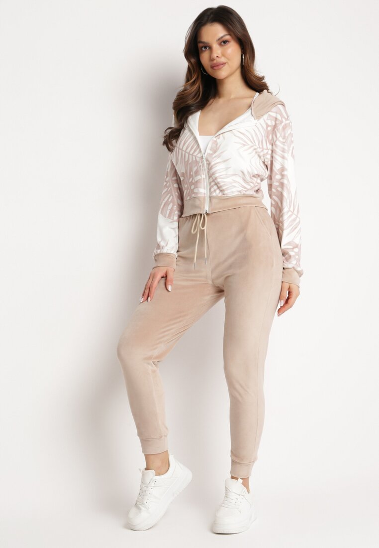 Set de Trening Bej închis din Velur Bluză cu glugă cu Model Decorativ și Pantaloni Grouvia