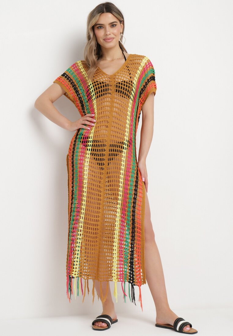 Rochie tip pareo bej închisă de plajă croșetată cu franjuri decorative și benzi Qivella