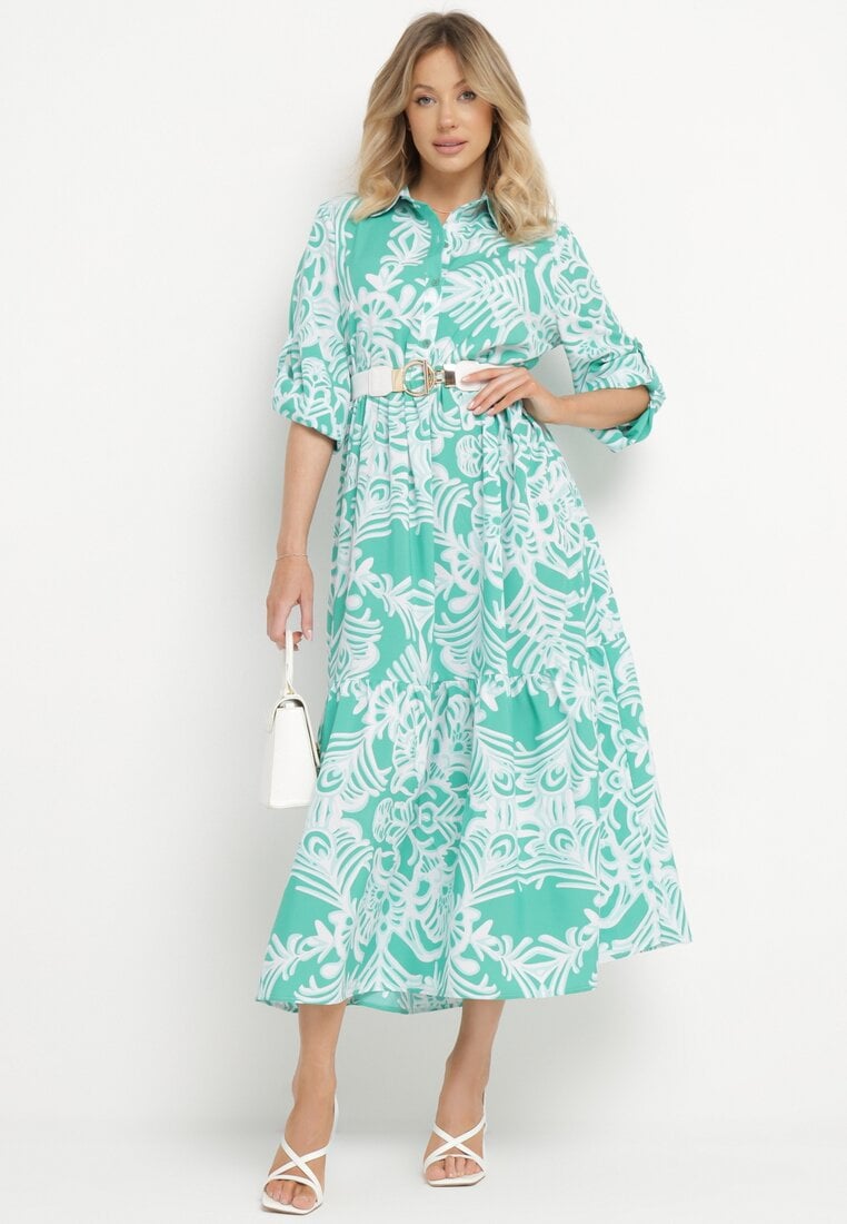 Rochie Verde Lungă Cloș cu model ornamental cu volănaș Ariantise