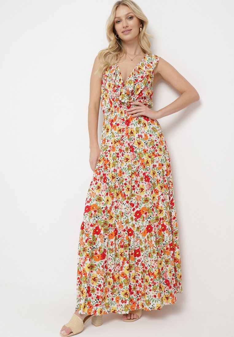 Rochie Maxi Galben-Roșie cu Decolteu Triunghiular și Motiv Floral cu Volan Moraila