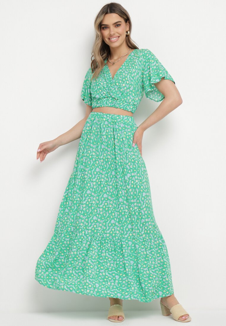 Set Verde din Viscoză Top Petrecut și Fustă Maxi Agardia