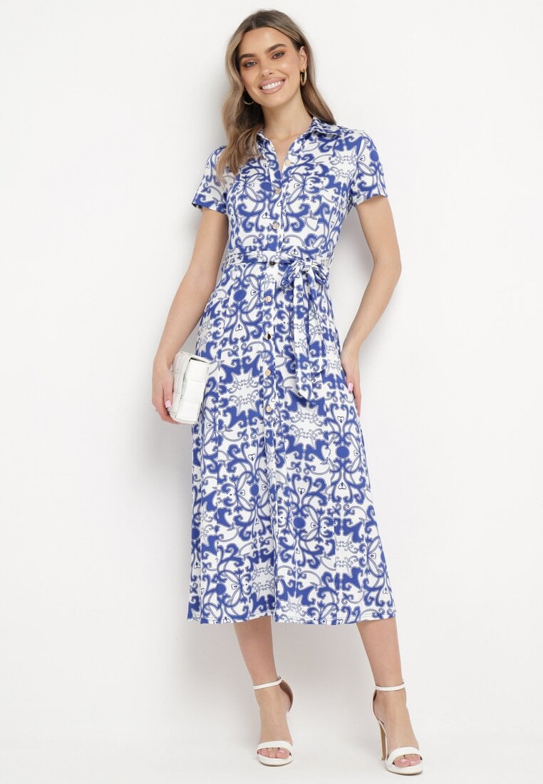 Rochie Midi tip cămașă Alb-Bleumarin cu Cordon în Talie cu Imprimeu Ornamental Fiamea