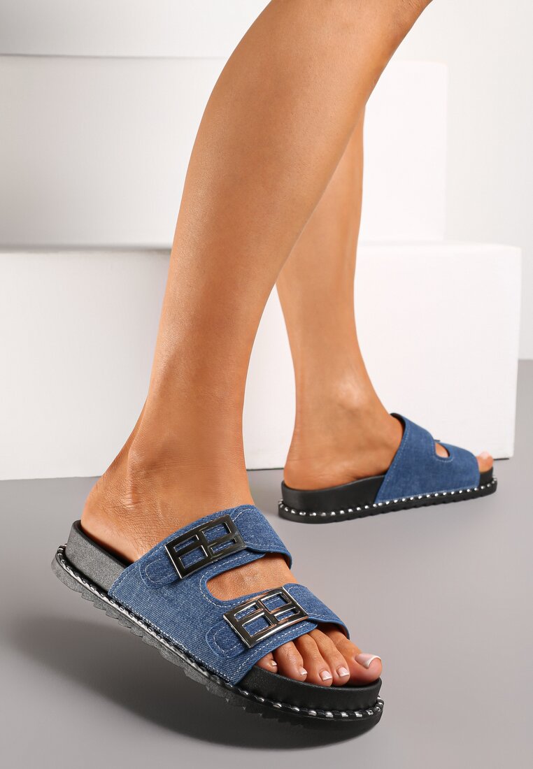 Papuci Albaștri cu Catarame Metalice și Capse Decorative Briellma