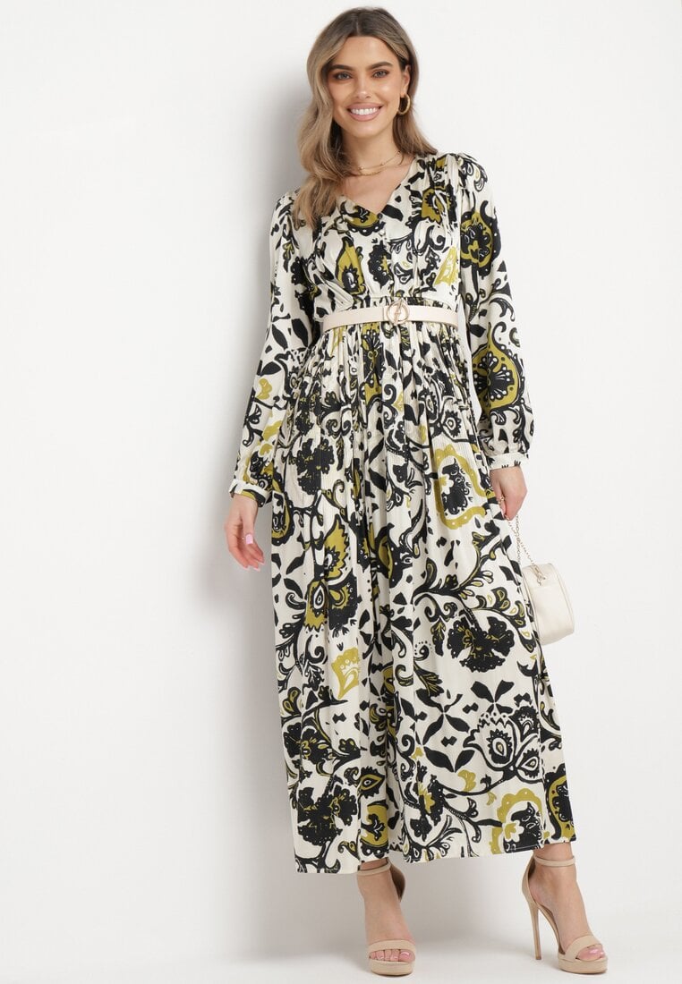 Rochie Verde din satin Maxi cu model ornamental cu elastic în talie Lainare