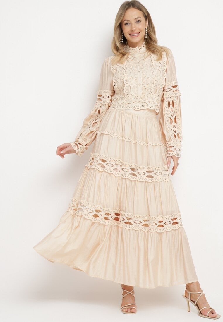 Set dantelat bej deschis din viscoză, fustă și bluză cu inserții ajurate Mintta