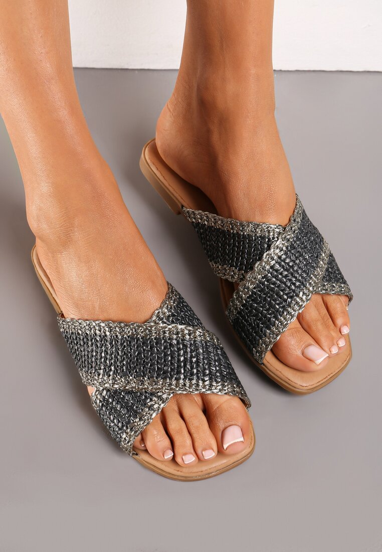Papuci Gri închis din piele ecologică cu toc plat cu barete împletite Arvamia
