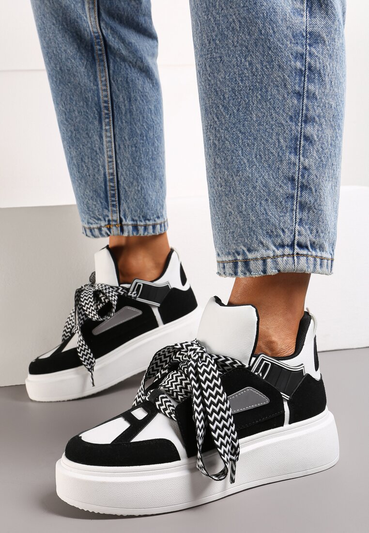 Adidași Negru-Alb cu Talpă Groasă și Șireturi Decorative Edidda