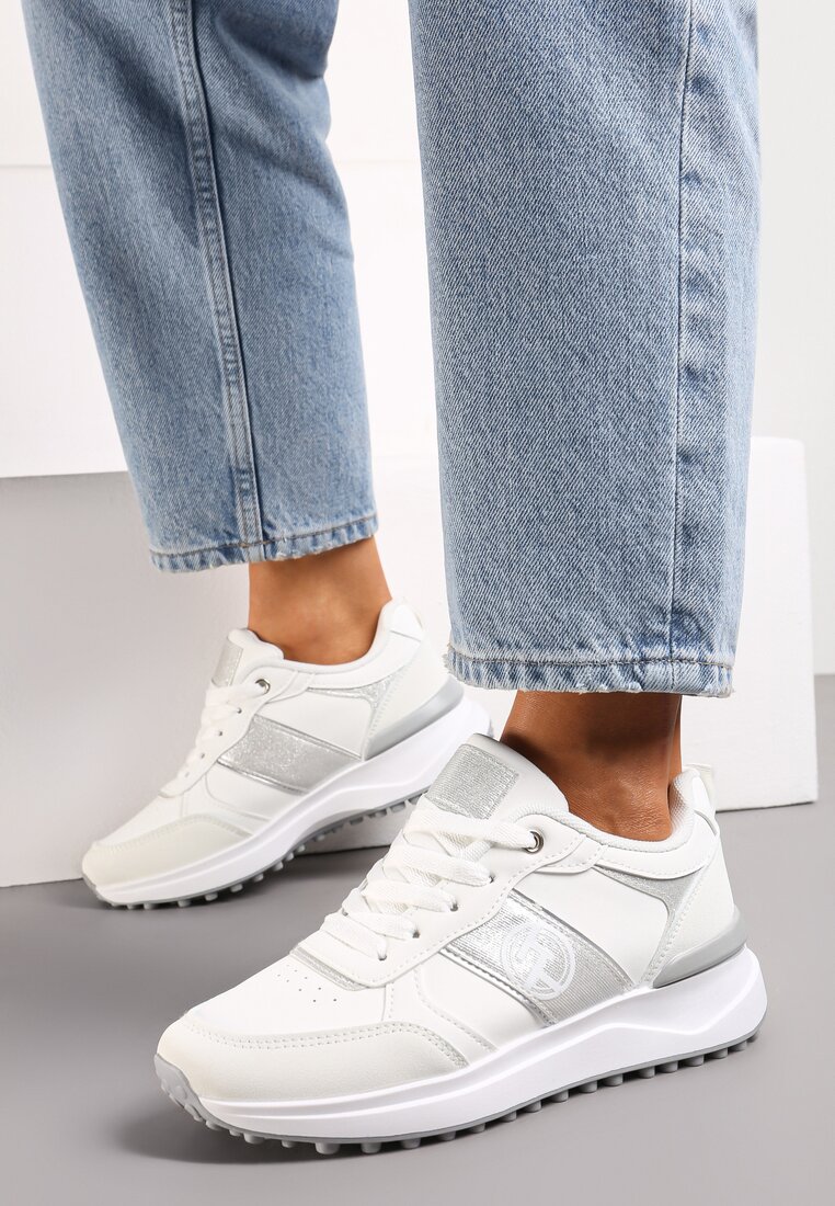 Adidași Albi cu Inserții Strălucitoare pe Talpă Groasă Lintessa