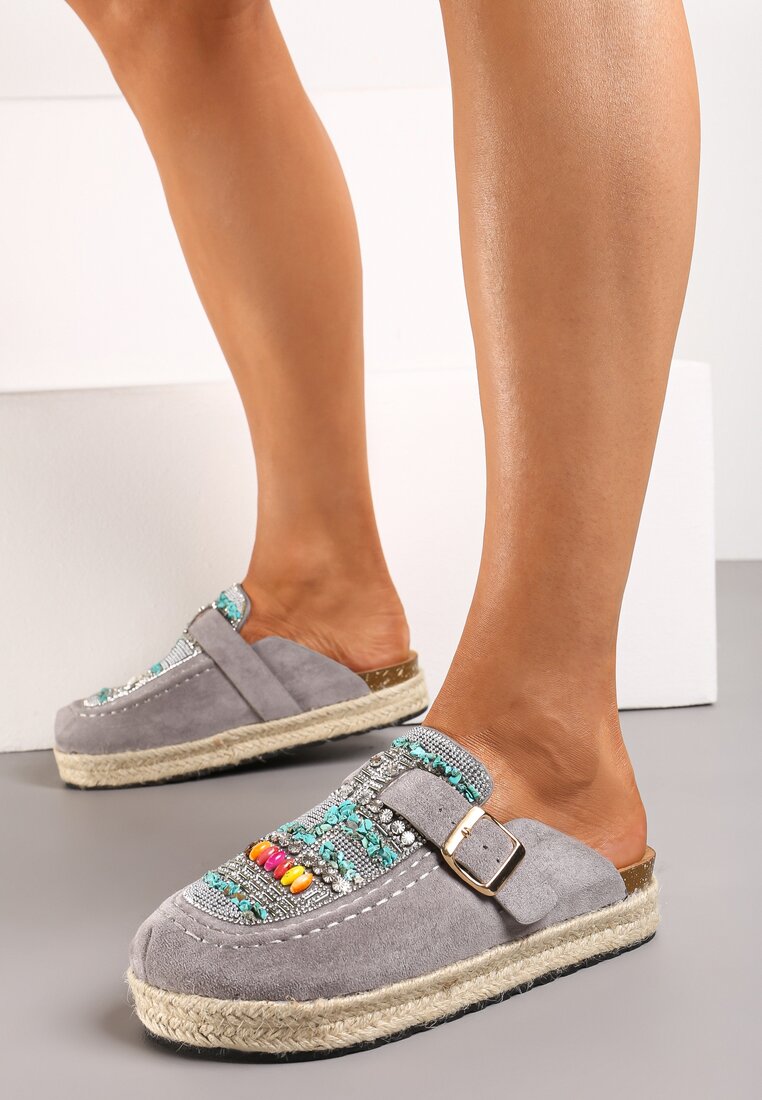 Papuci Gri pe Talpă Împletită cu Cristale și Cataramă Noritak