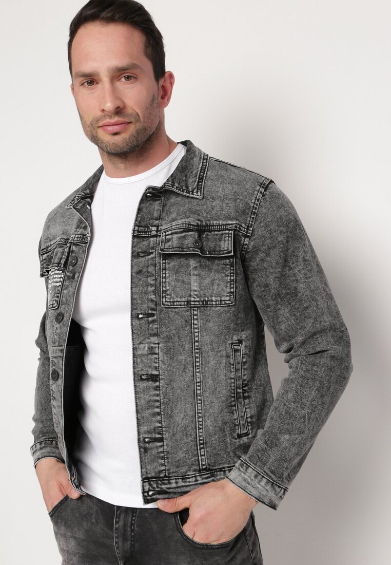 Jachetă de blugi Gri închis din bumbac cu inscripții decorative Taliea