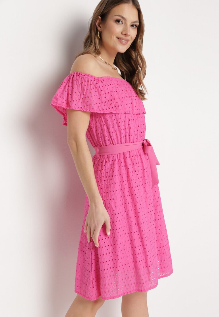 Rochie fuchsia spaniolă cu broderie decorativă și curea în talie Perenna