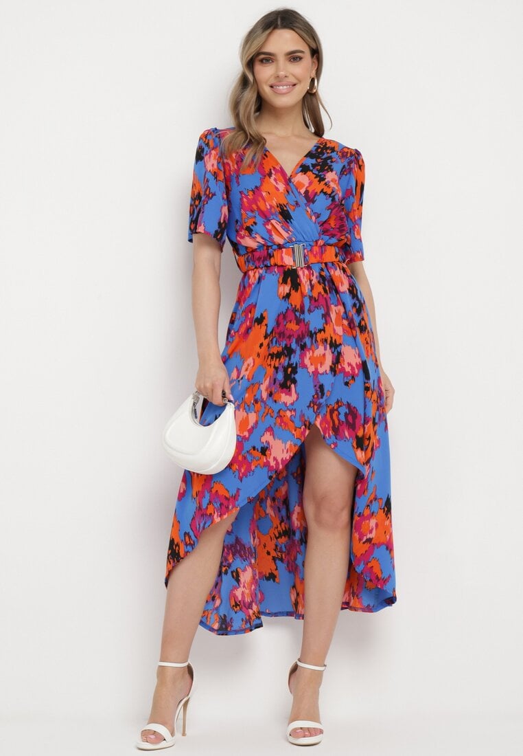 Rochie Albastru-Portocaliu cu Decolteu Plic și Tiv Asimetric cu Elastic în Talie Coralen