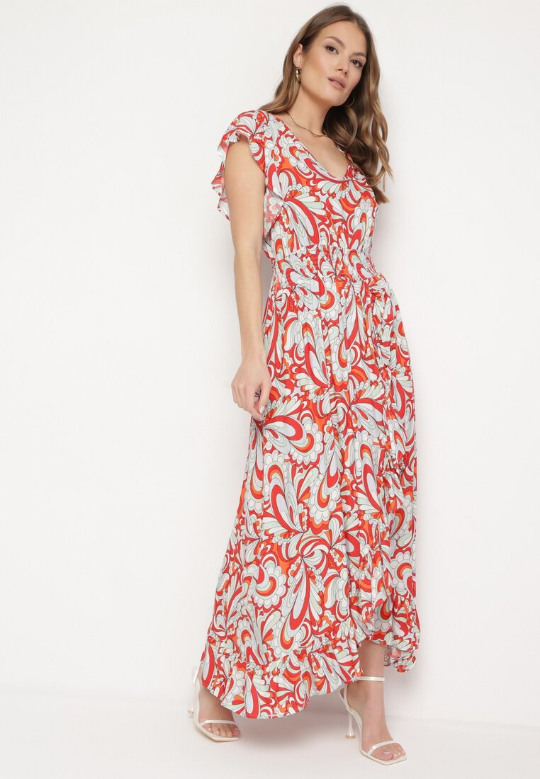 Rochie Asimetrică Bej-Portocalie cu Elastic în Talie cu Volane din Viscoză Venimra