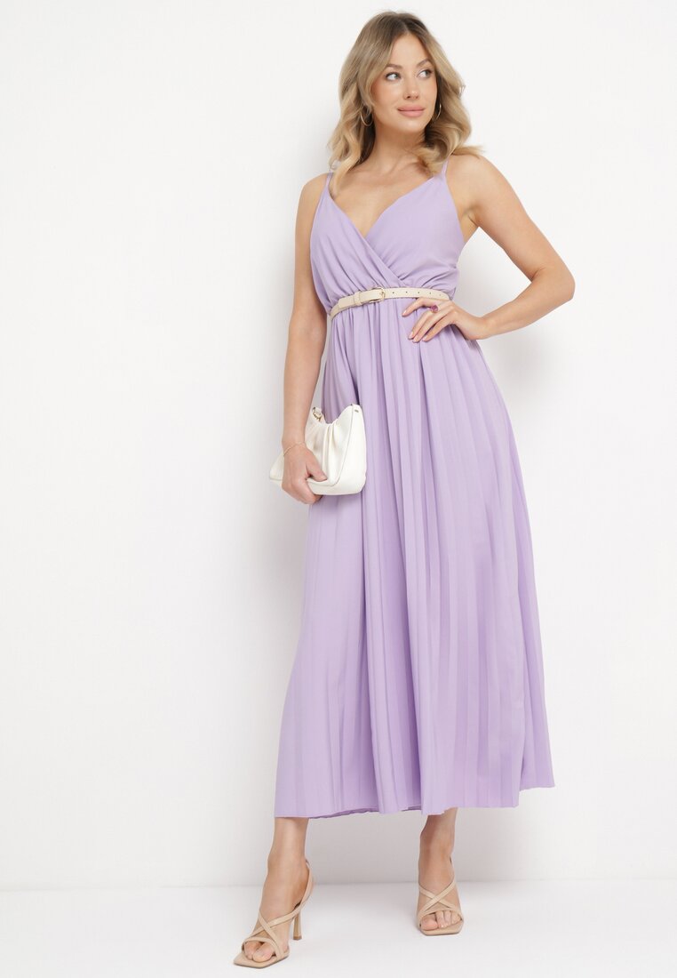 Rochie Violet Cloș Lungă cu Decolteu Petrecut pe Bretele Asmerria