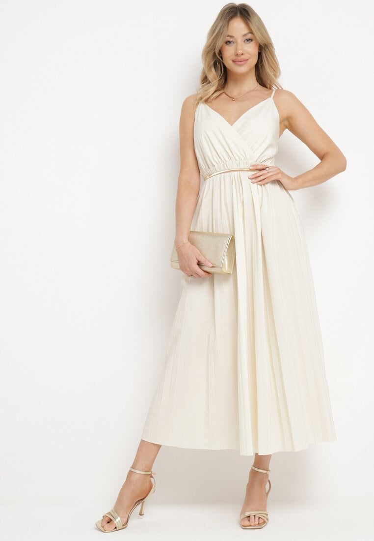 Rochie Bej deschis Cloș Lungă cu Decolteu Petrecut cu Bretele Asmerria