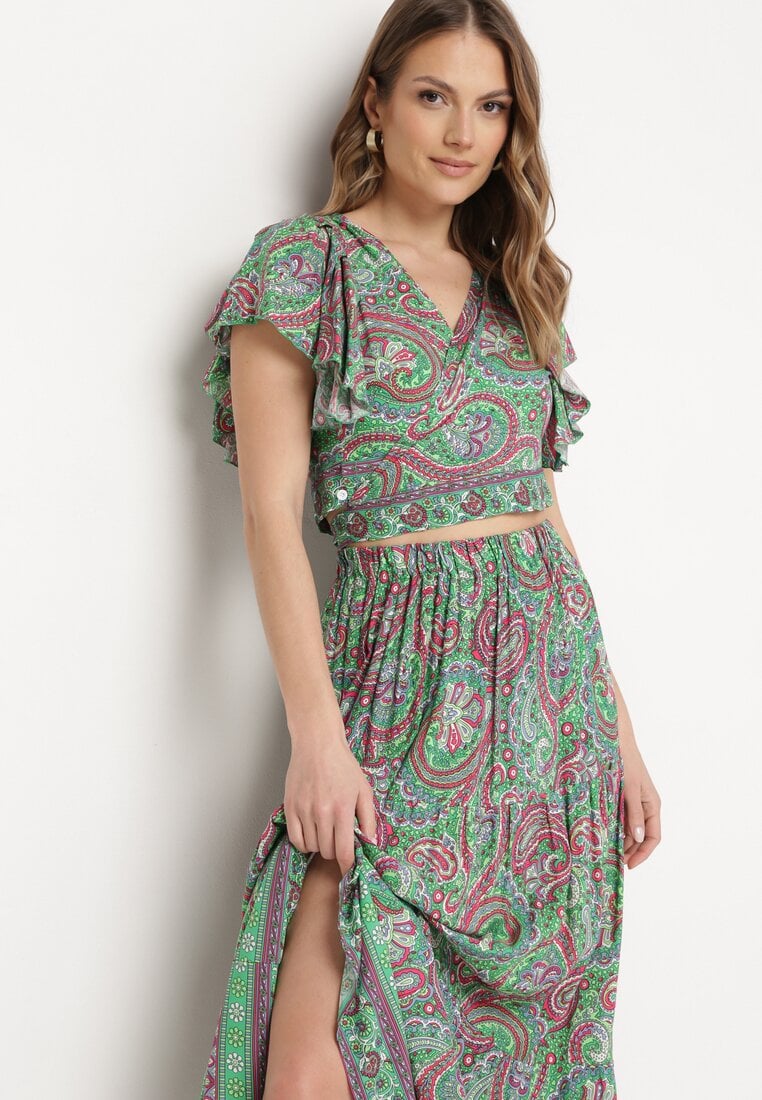 Compleu Verde din 2 piese cu model Paisley din Viscoză Fustă Maxi și Bluză petrecută Wabila