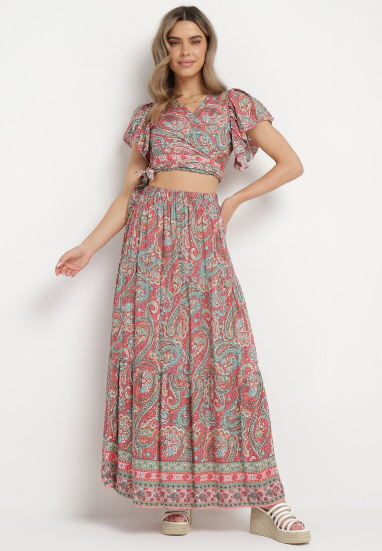 Compleu în 2 piese Roz cu model Paisley din Viscoză Fustă Maxi și Bluză petrecută Wabila