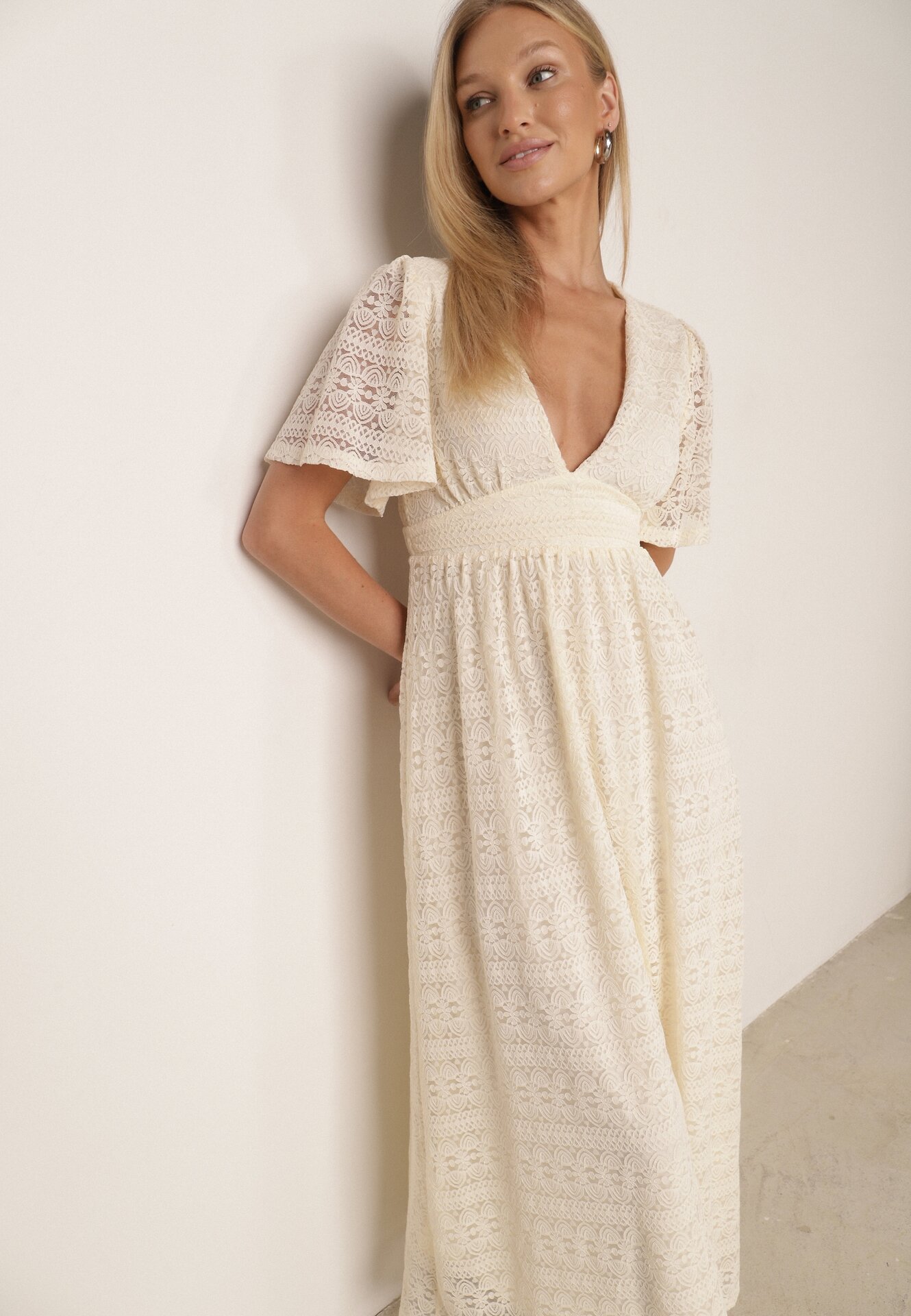 Rochie Dantelă Maxi Bej Deschis cu elastic în talie Umisse