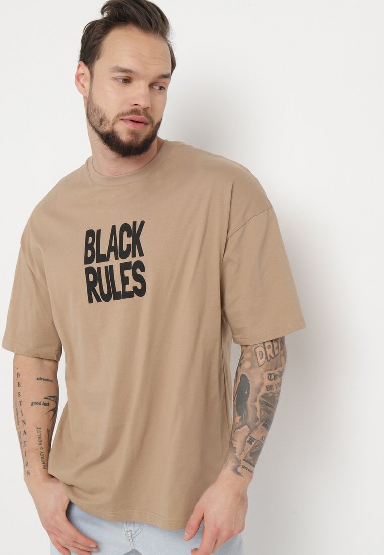 Tricou Bej închis din bumbac cu Imprimeu pe Ambele Părți Daven