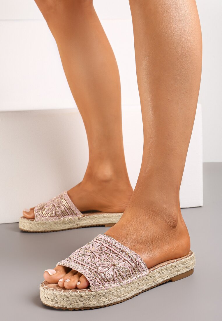 Papuci roz pe talpă groasă decorate cu împletitură de iută Grasia