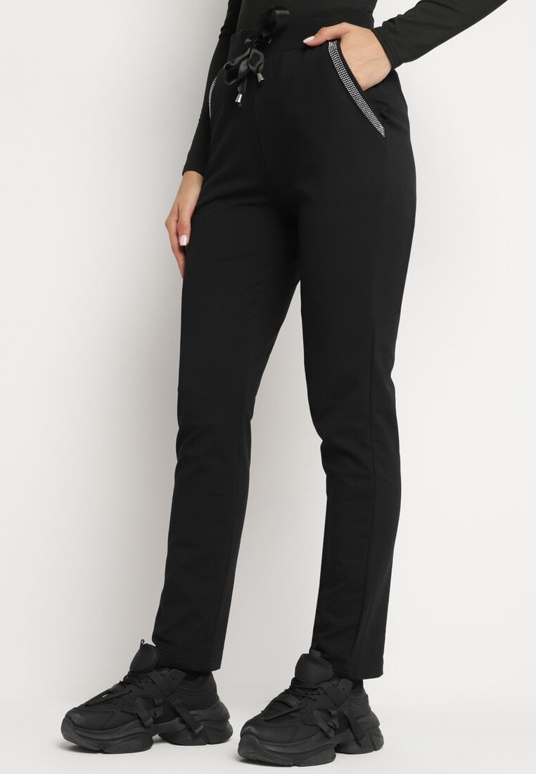 Pantaloni de trening Negri Tricotați cu elastic Decorați cu zirconii Trasia