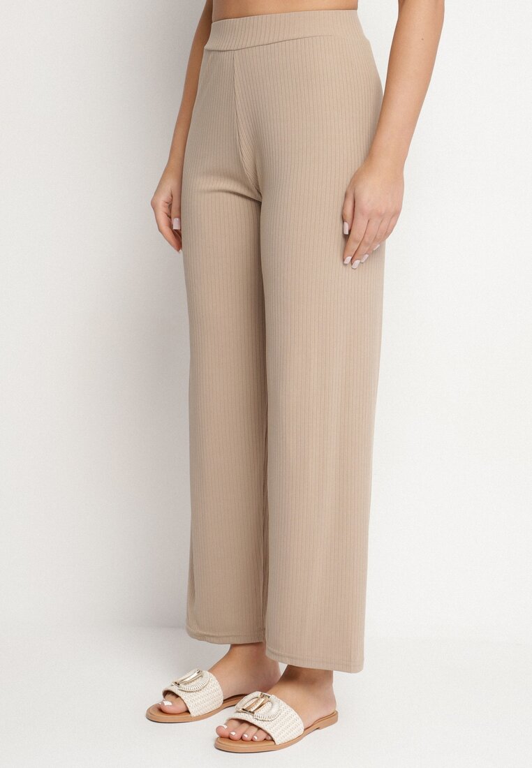 Pantaloni Bej închis Rebrate Largi Cu elastic în talie Drasia