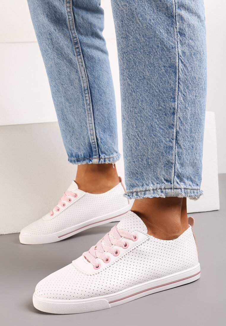 Tenisi Albi și Roz Șiretați până la gleznă cu talpă plată și perforații decorative Assenia